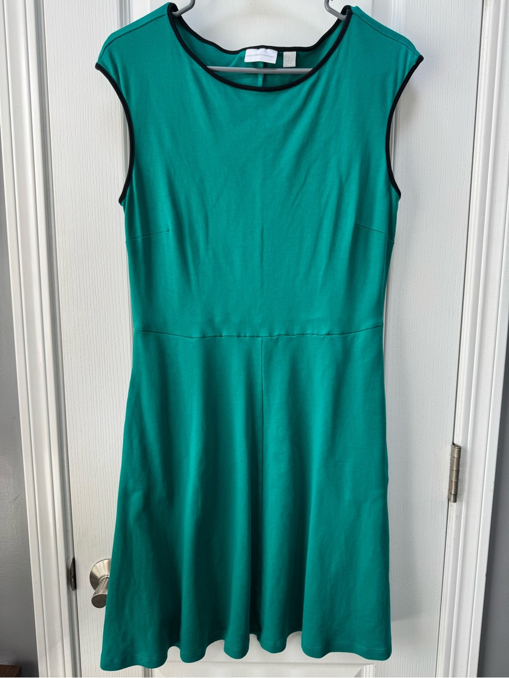New York & Company Teal Fit-and-Flare Dress with Black Trim